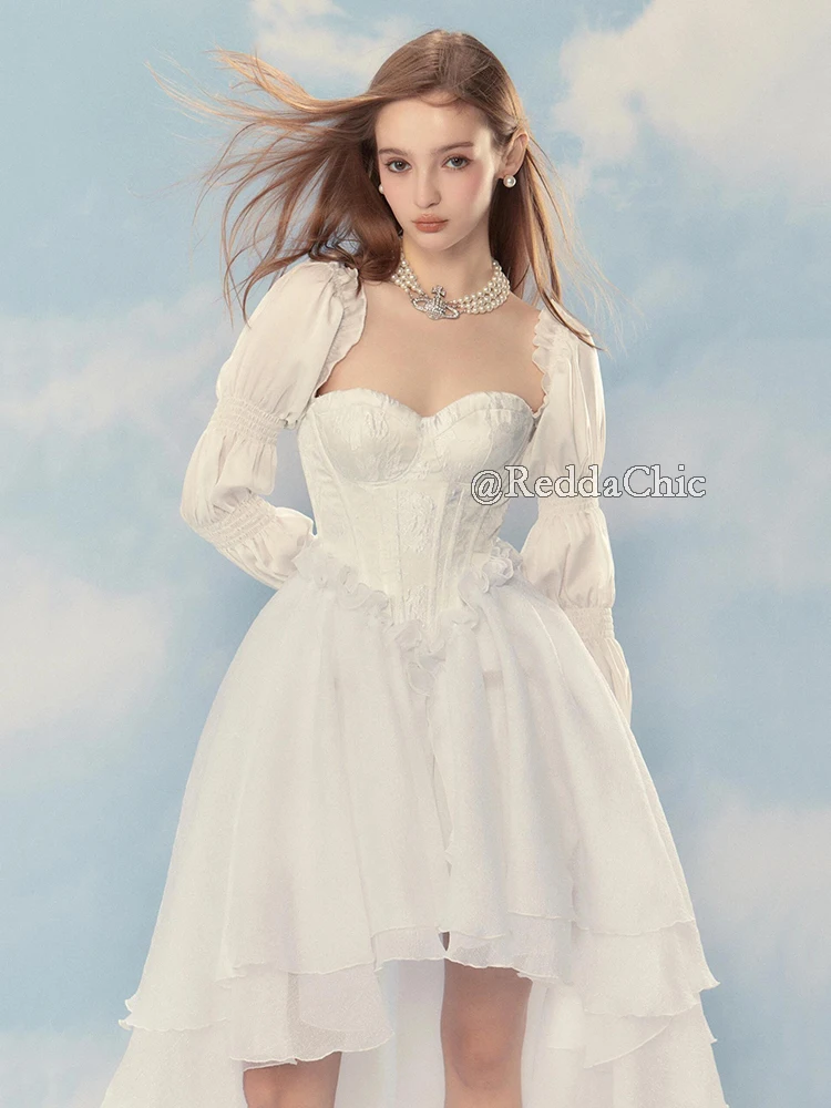 Reddachic conjunto de vestido de duas peças destacável vestido de trilha espartilho manga puff rendas até sem costas bodycon casamento noite roupas femininas