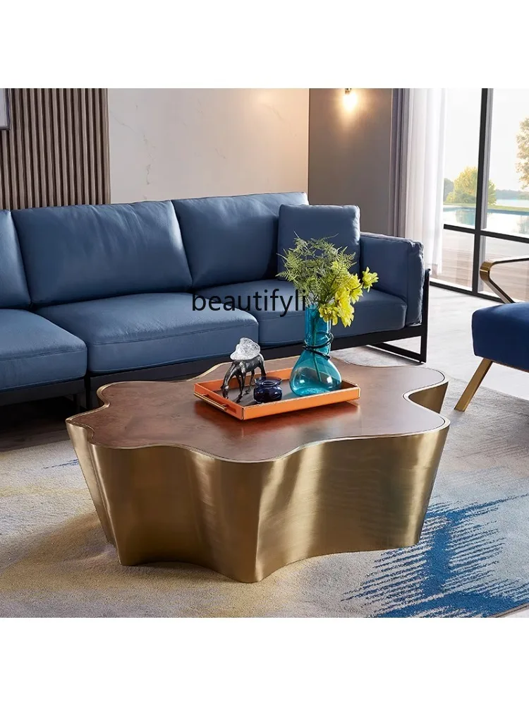 Customized Light Luxury High-End Irregular Shaped Tree Tea Table Creative Design Metal Stainless Steel Root Wheel Pier Tea Table