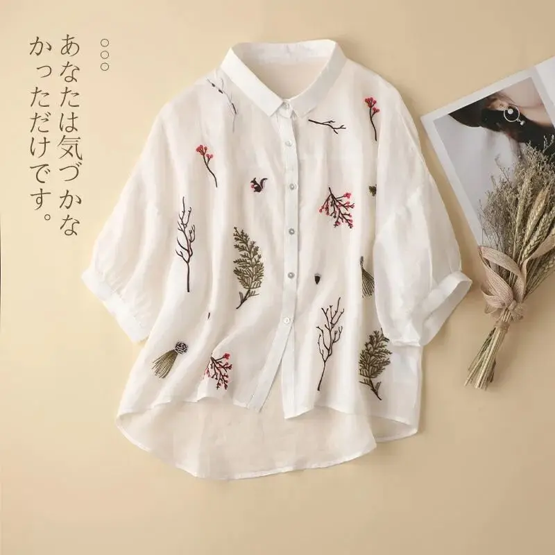 Summer Seven Point Cotton Linen Embroidered Shirt for Women 2023 New Literary Loose Temperament Lapel Casual Top for Women