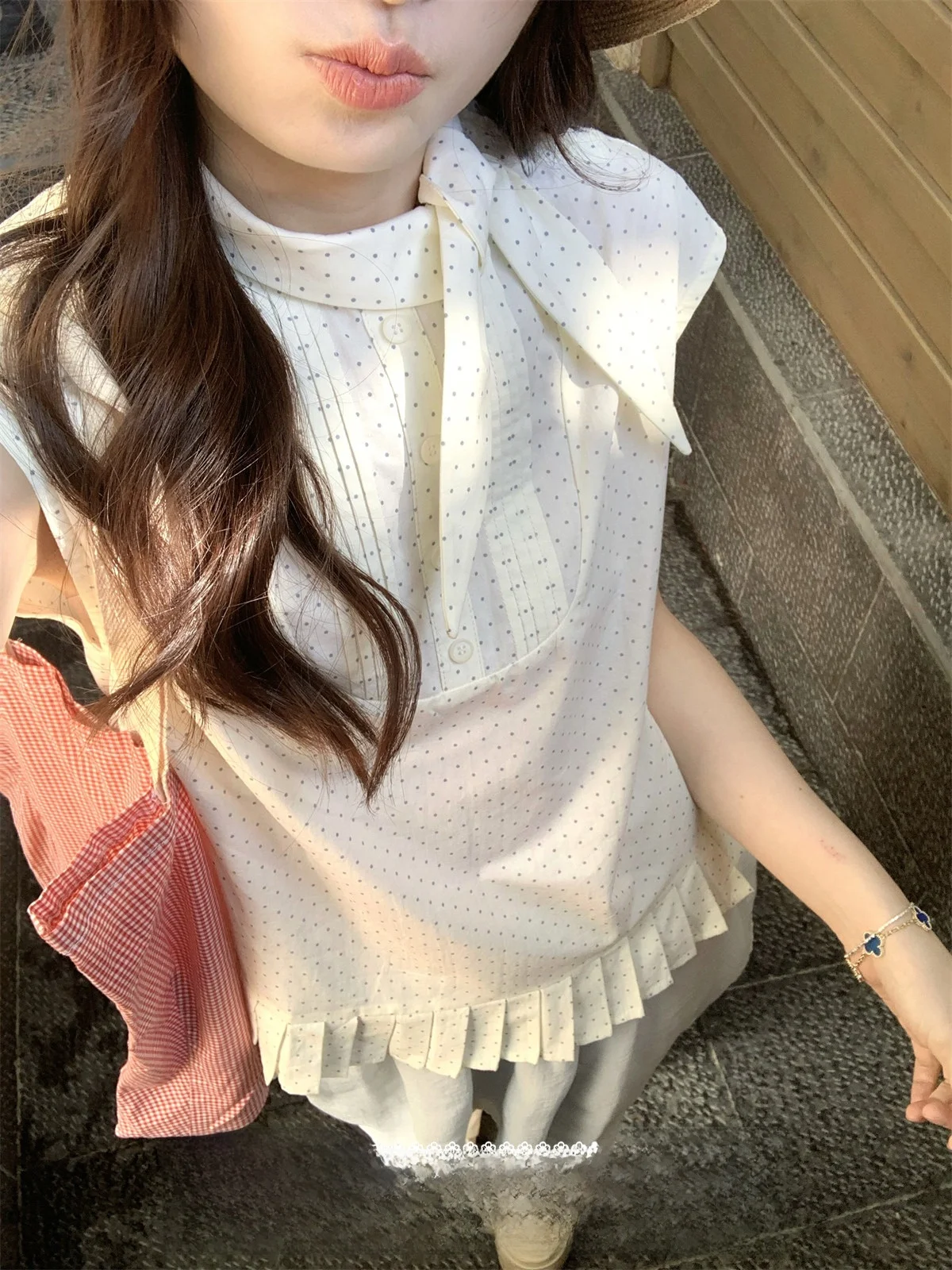 

TheDouerr Sweetheart Rabbit Ear Polka Dot Vest Top Women's Skin-friendly Breathable round Ne ort Sve irt