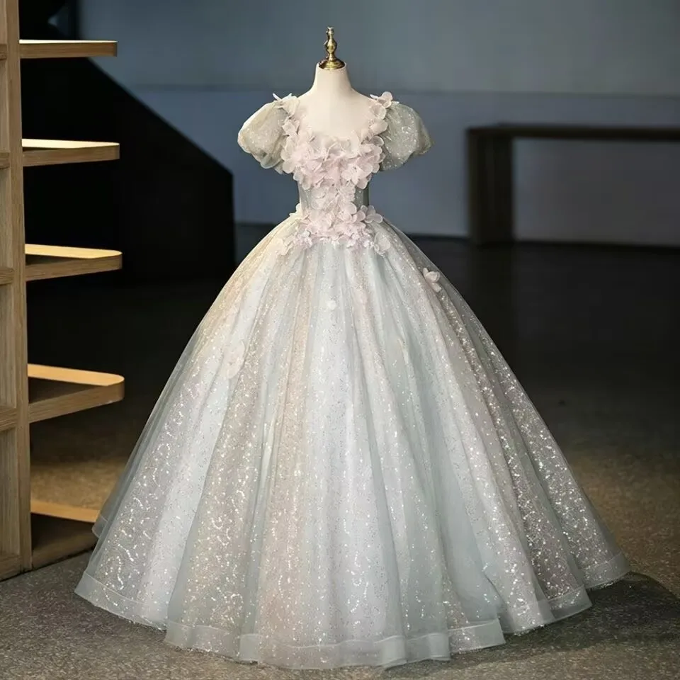 JEHETH Sparking Short Sleeves Flowers Quinceanera Dresses Ball Gown Lace Appliques Party 15 Year Old Customized Prom Gown