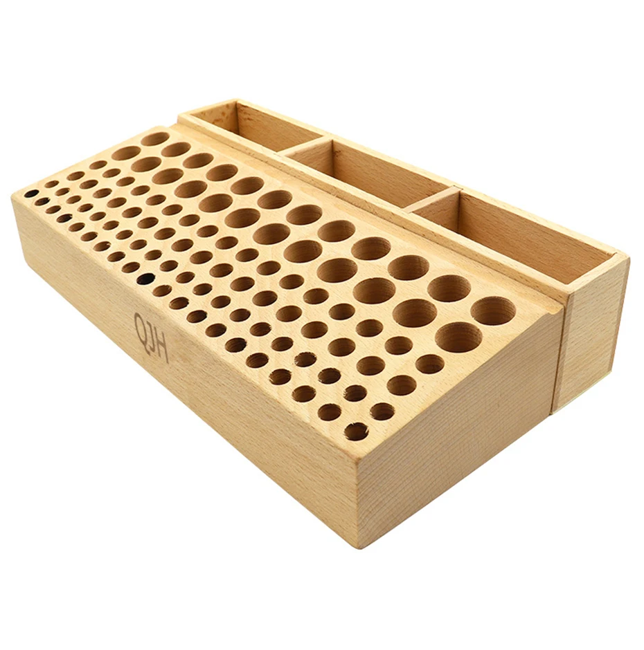 QJH Handwerkzeughalter-Box mit 46/98 Löchern, Organizer, Holzständer für Lederhandwerk, Stanzwerkzeuge, Schnitzwerkzeuge, Bohrer-Aufbewahrung – Detail 14