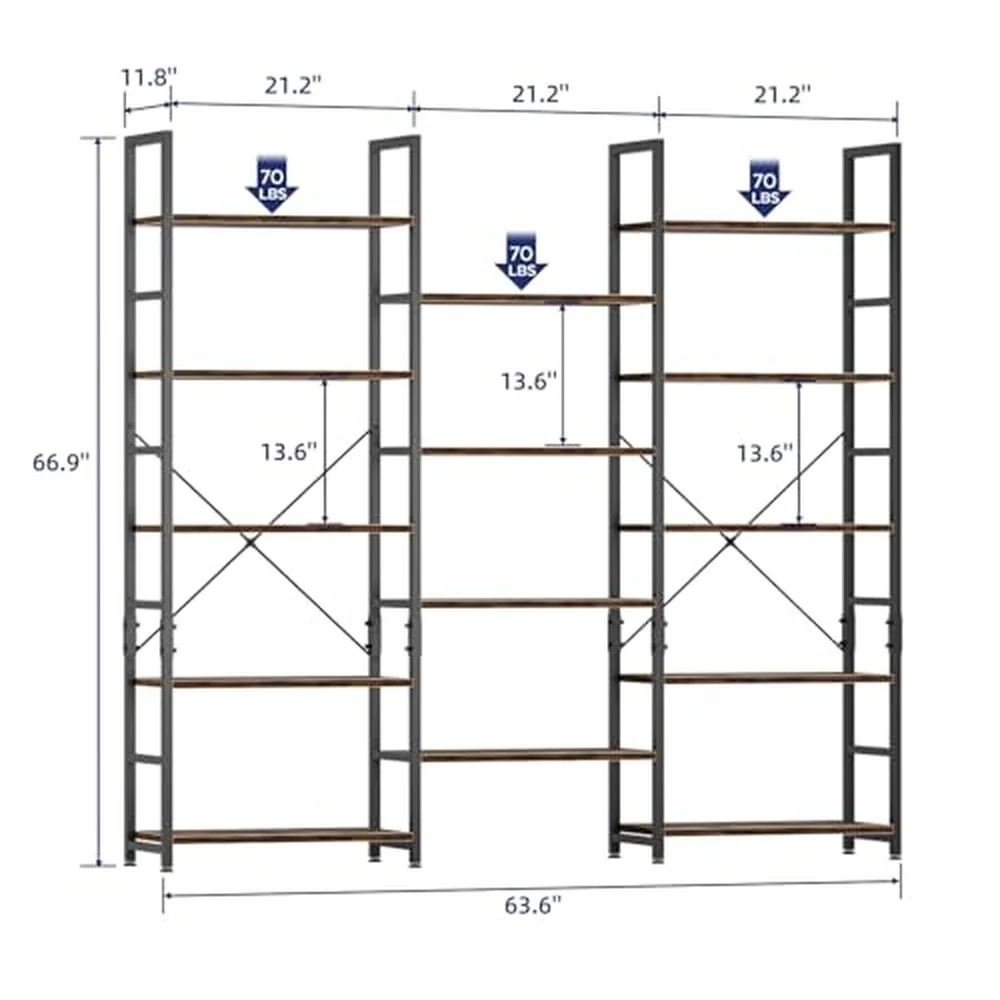 Triple Wide 5 Tier Adjustable Bookshelf with 14 Shelves Vintage