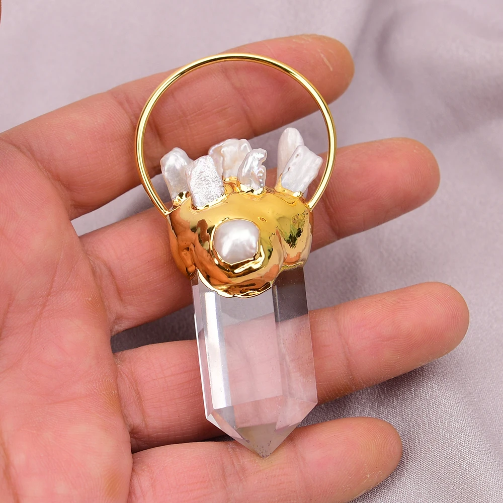 APDGG 1Pc Natural Clear Quartz Point Raw Druzy White Biwa Pearl Charms Gold Edged Pendant Jewelry DIY
