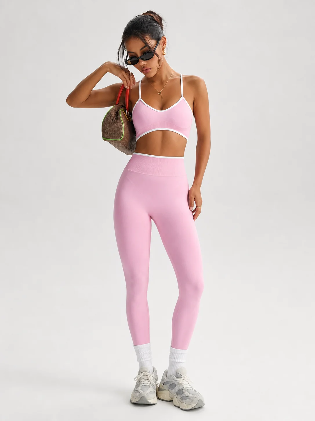 Women Seamless Yoga Set Contrast White Trim Sports Bra High Waist Leggings 2 Piece Outfit Gym Fitness Workout Running Sportswear