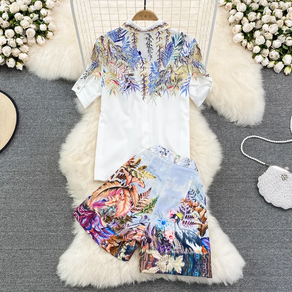 New Summer Women\'s Shorts Suits Bohemian Vintage Retro Print Short Sleeve Blouses Shirts And Floral Pants Shorts Suit Set NS643