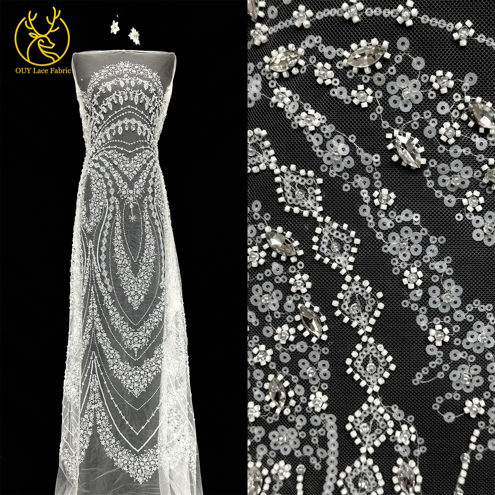 Nigerianisches weißes Hochzeitskleid Tüll-Mesh-Spitzenstoff Hochwertiger französischer Stein-Spitzenstoff Afrikanischer Perlen-Pailletten-Spitzenstoff – Detail 5