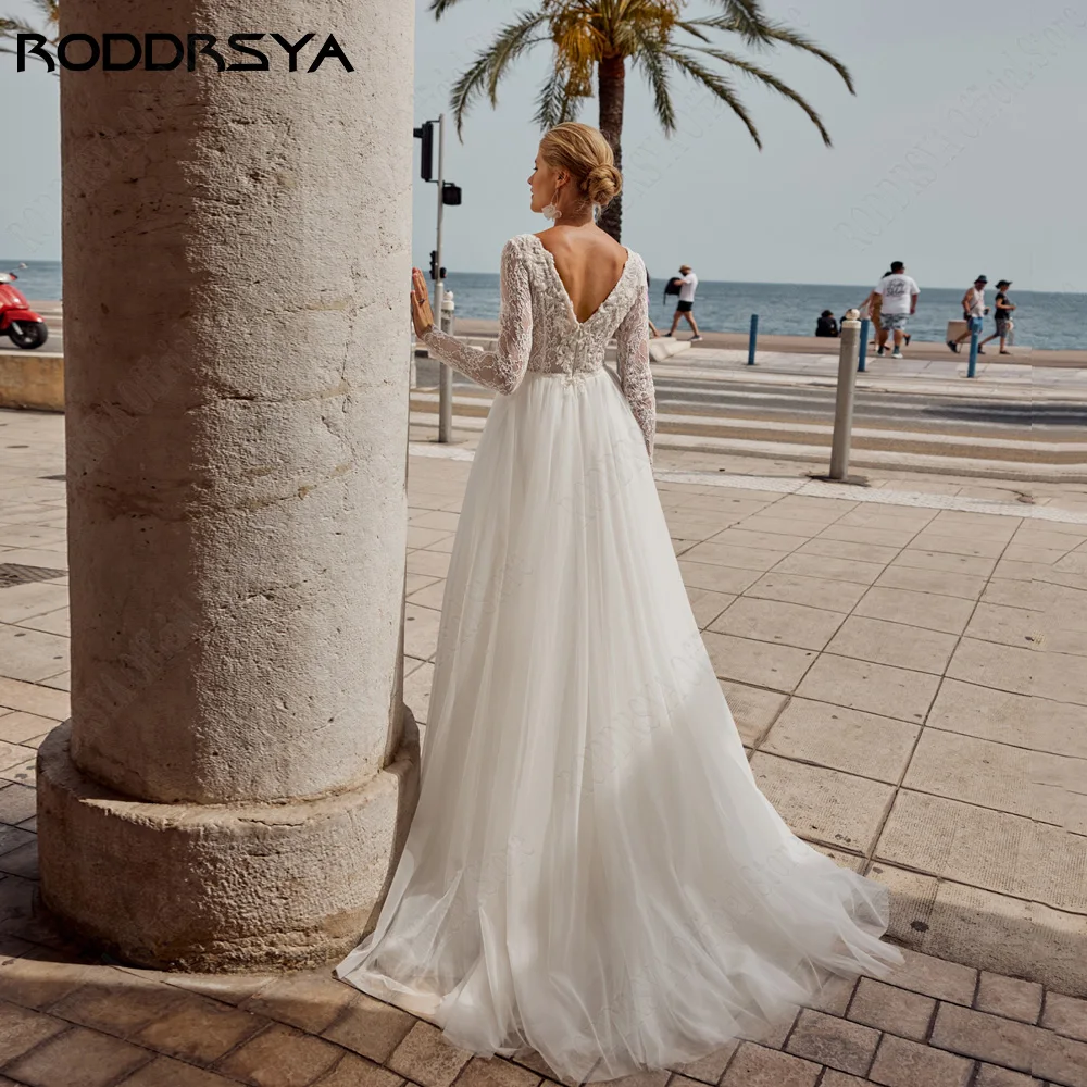 RODDRSYA Civil Wedding Dress For 2024 Bride Long Sleeves Double V-Neck Bride Gowns A-Line Tulle Applique Vestidos De Novia