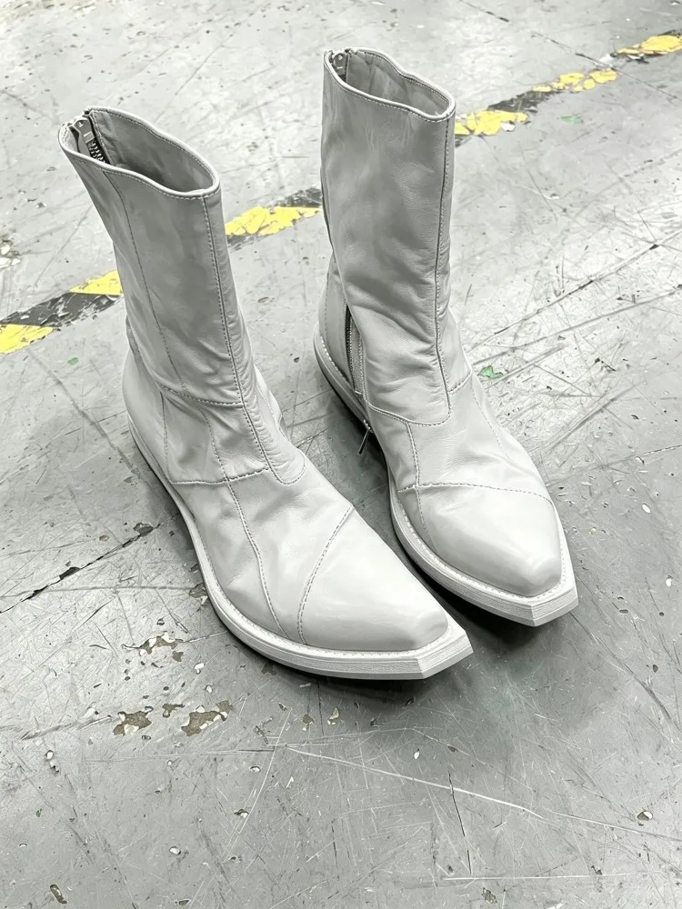 Fashion Men Autumn Vintage Handmade Spliced Cowhide Genuine Leather Rointed Toe Zipper Male Casual Hard Wearing High Top Boots