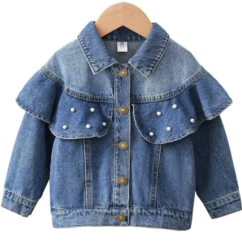 2-7Y Girls Denim Jacket Spring and Autumn 2023 New Children\'s Korean Jeans Pearl Top Girls Baby Fashion Coat