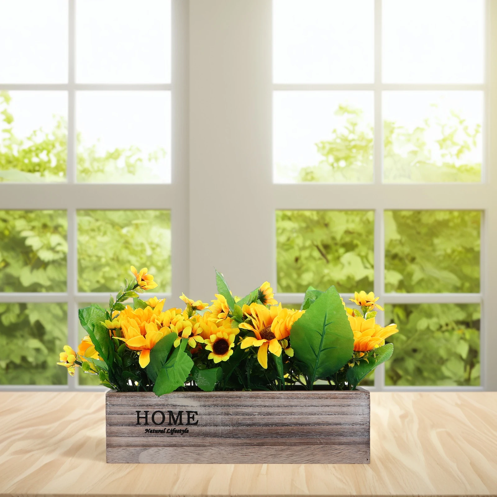 

Artificial Flower Small Potted Plant Centerpiece Table Decorations Sunflower Outdoor Fake Flowers in Wooden Plants Planters