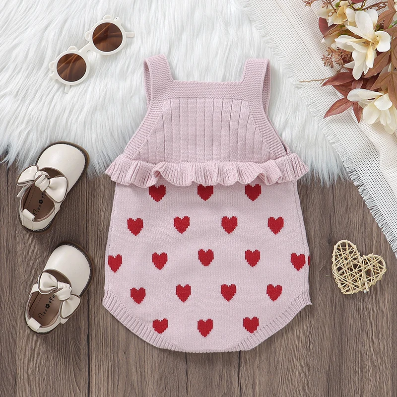 Baby Girls Knitted Bodysuits Clothes Pink Sweet Heart Newborn Infant Sleeveless Onesie Coveralls One Piece Toddler Outfits 0-18m