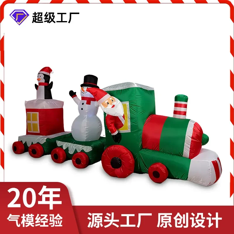 Giant Inflatable Christmas Train with Santa Penguin Snowman LED Lights Outdoor Yard Holiday Party Decoration Air Blow Model