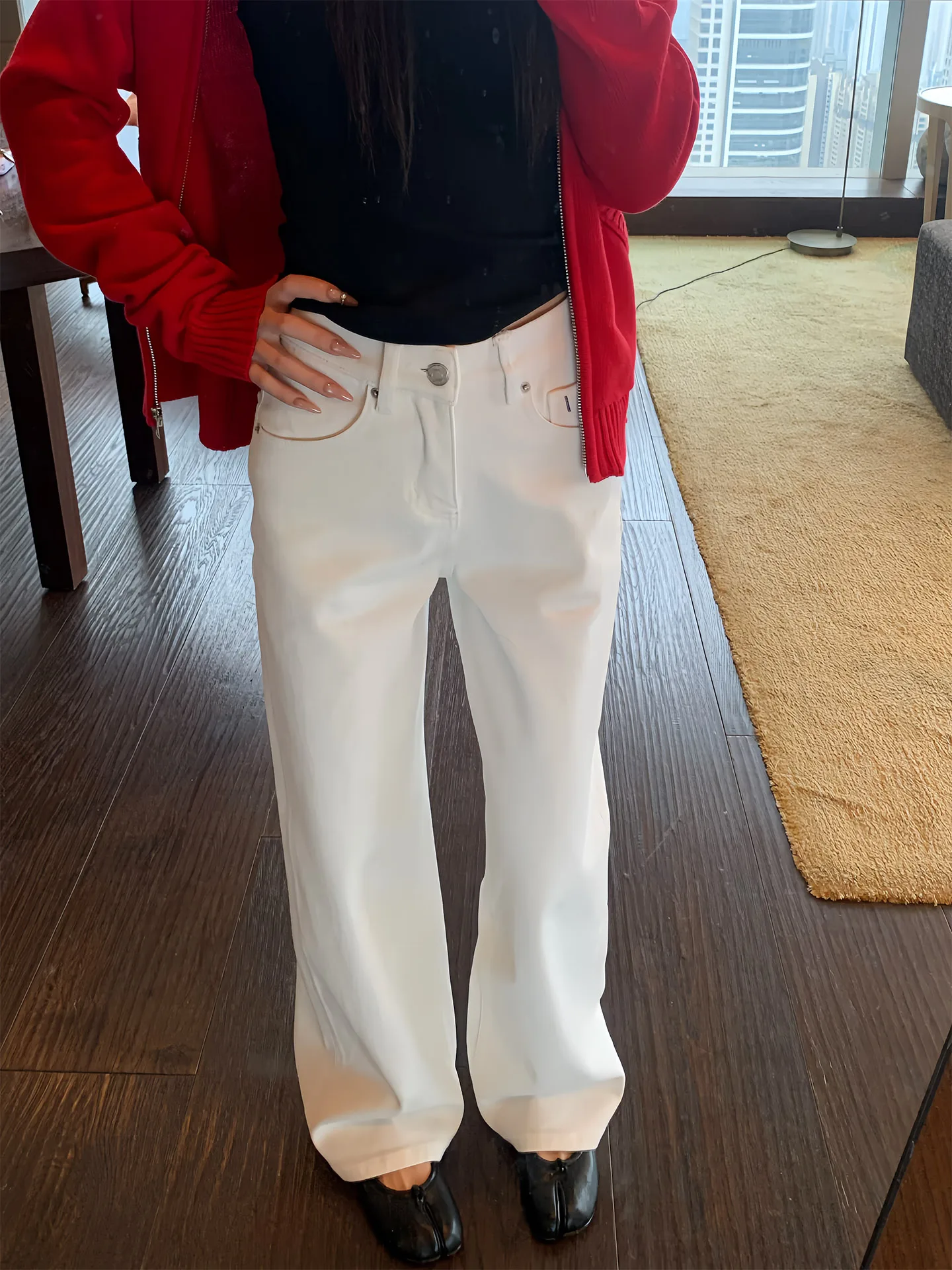 

High Waist Straight Leg Jeans Women's Spring Season Slimming Drapey Fit Retro White High Waist Orange Tree in the Distance