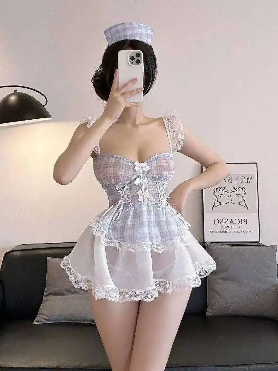 Blauw Sexy V-hals Pure Perspectief Jarretel Mooie Rug Plaid Zachte Meid Korte Pittige Verpleegster Jurk Elegant 2025, Nieuwe 758Z