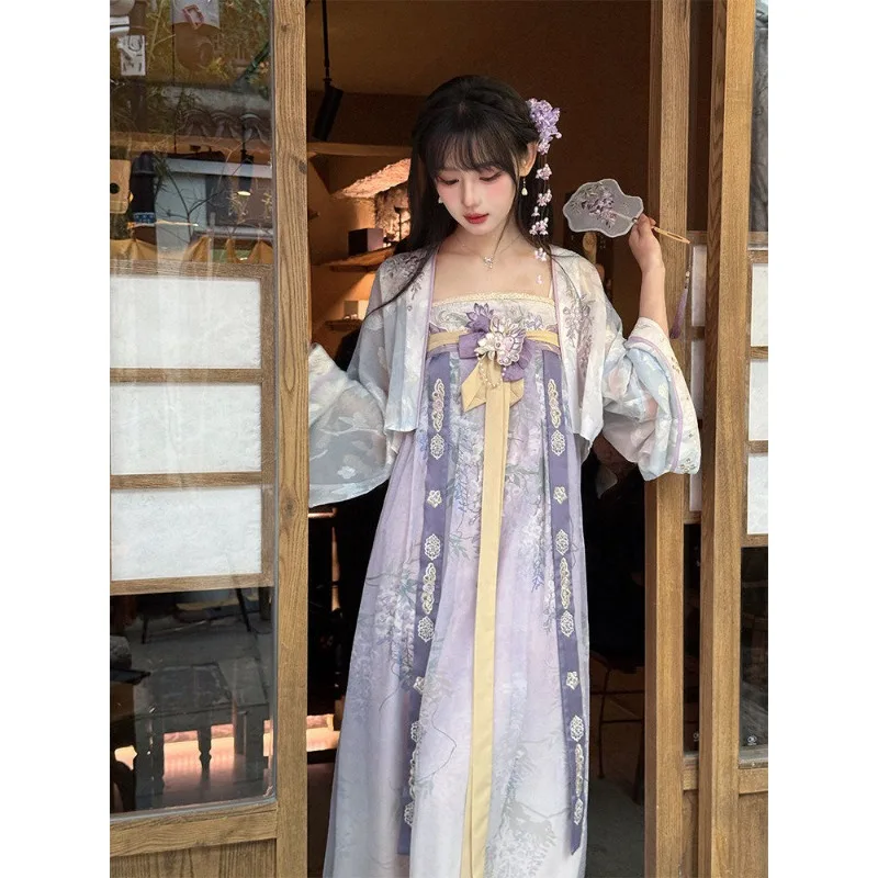 

Костюм Ханьфу в стиле Тан «Фееричная глициния», кардиган с открытым передом в стиле храма Фамэнь и вышитая юбка до груди