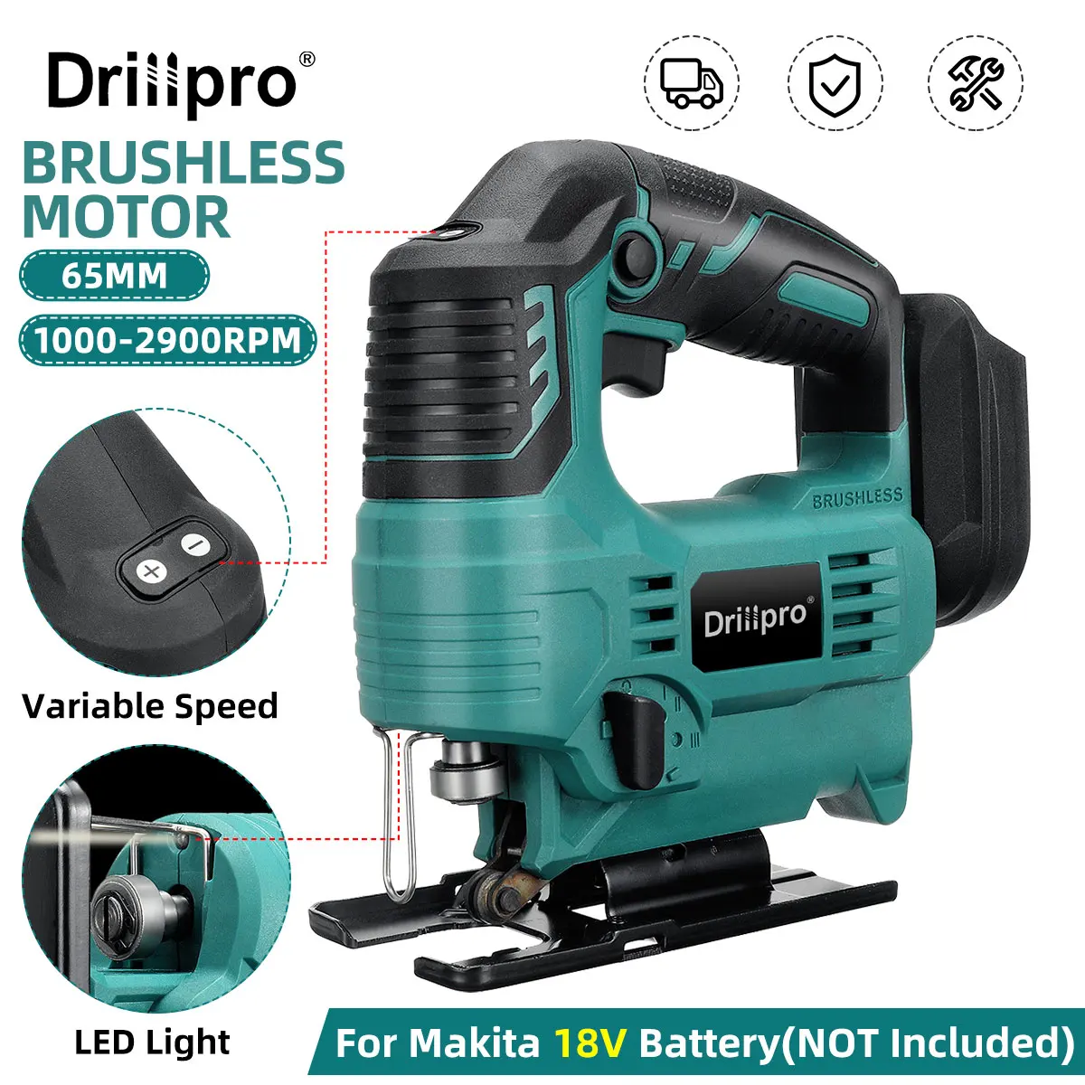 

Drillpro 2900RPM 65mm 18V Brushless Jig Saw Electric Jigsaw Adjustable Blade Woodworking LED Power Tool for Makita 18V Battery