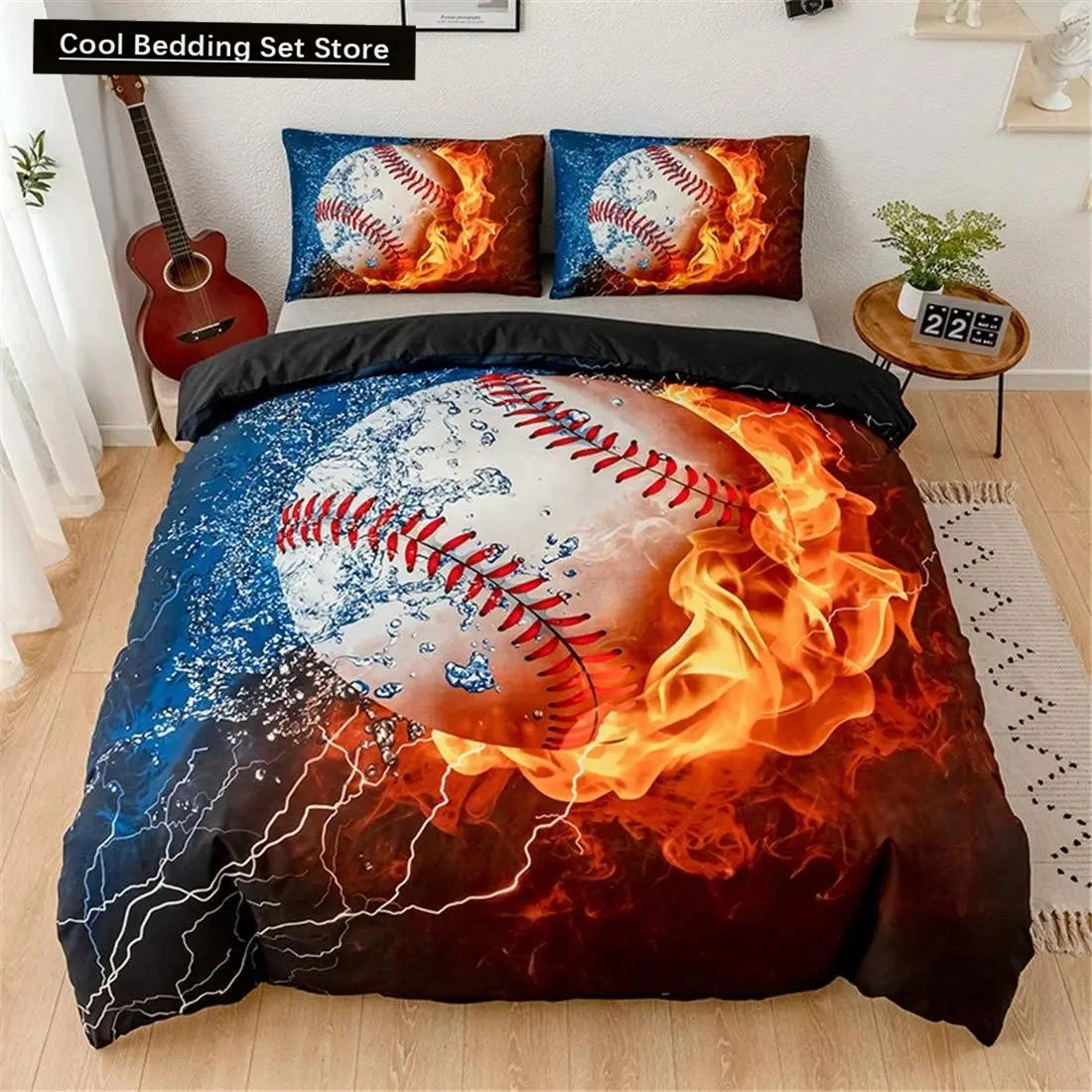 3D Sports Baseball Duvet Cover Sports Games Theme Ball Bedding Set Golden Flame Polyester Comforter Cover Full Size Kids Boys