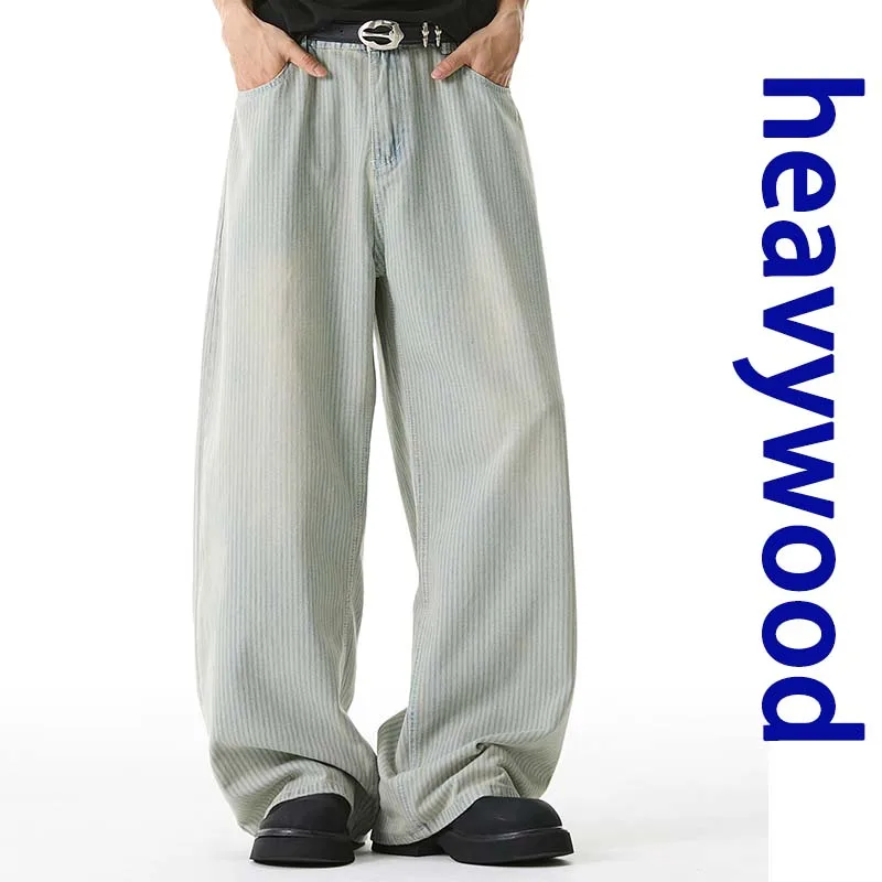 

2025 Autumn New Men's Casual Pants Vertical Stripe Wide Leg Pocket Contrast Color Menswear Loose Vintage Curved Knife Bottom