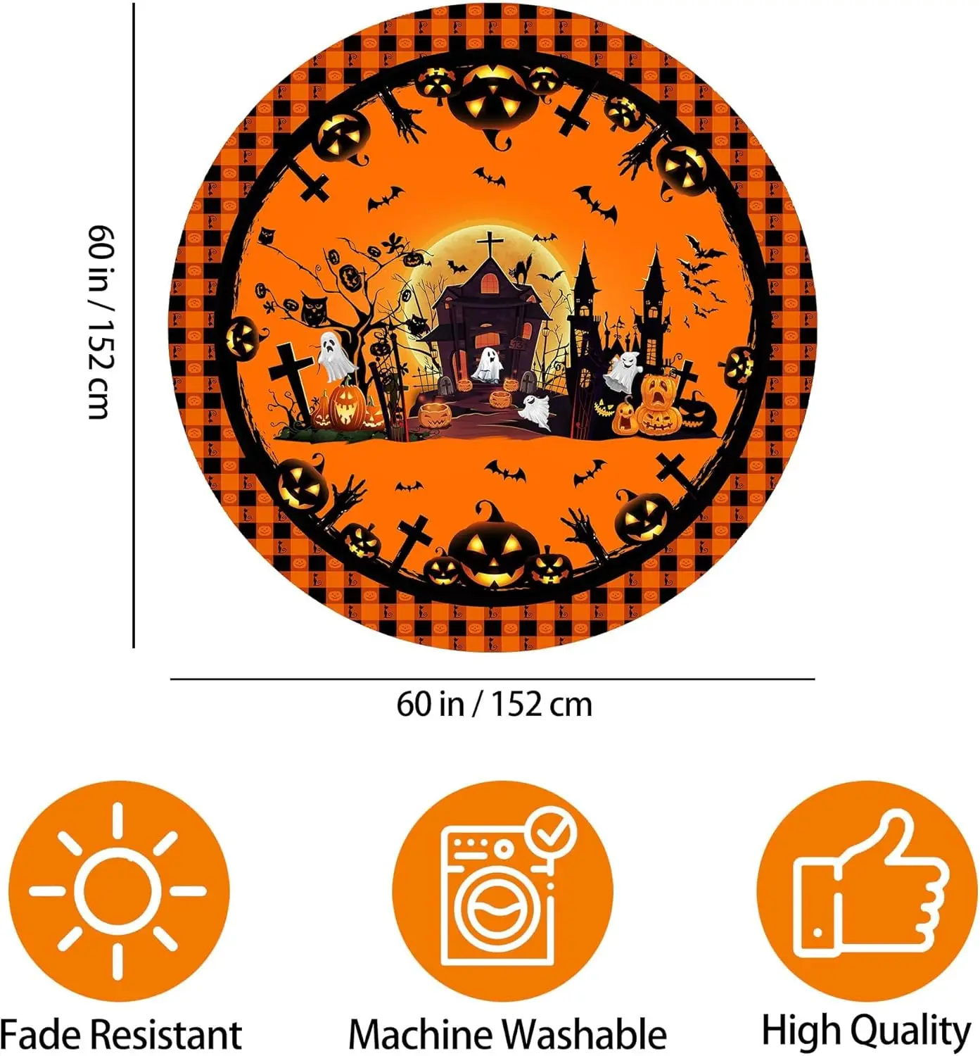 Halloween Tablecloth Round 60 Inches Square, Halloween Table Cloth, Pumpkin Castle Ghost Tablecloths For Home Kitchen
