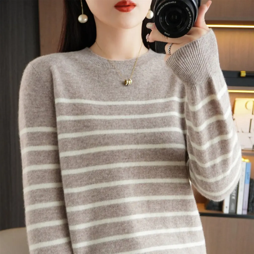 

Women's Striped Long Sleeve Sweater Large Size round Neck Casual Bottoming Shirt Spring Autumn New Easiest Match