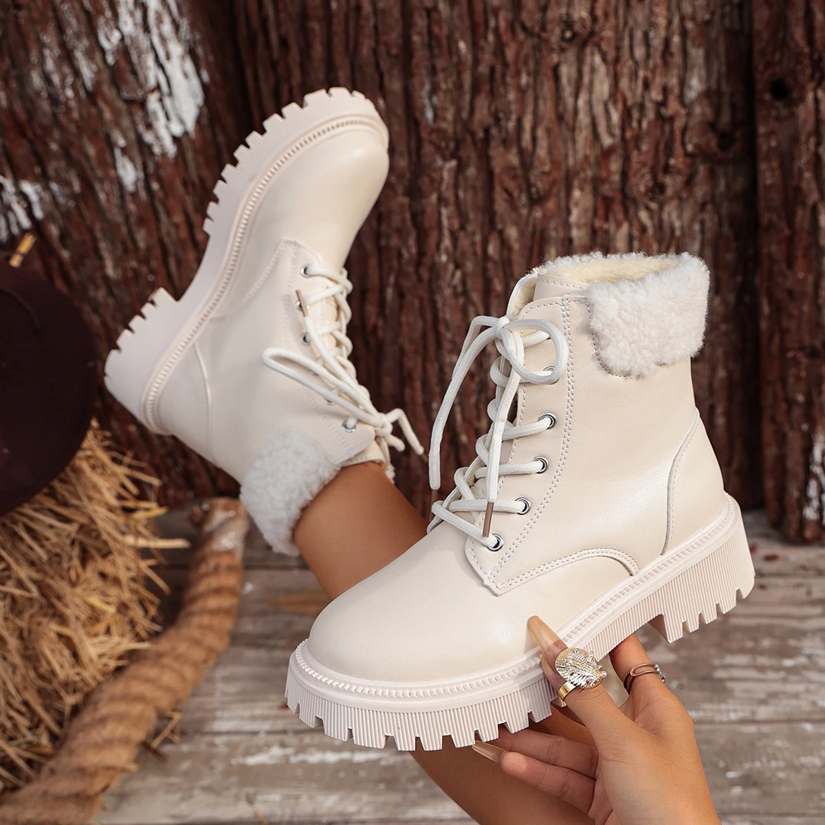 Women Snow Boots Combat Comfy Low Heels Shoes Winter Warm Short Plush Ankle Boots Women Fashion Zip Lace Up Platform Shoes Woman
