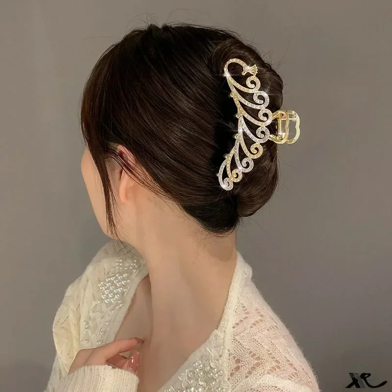 Beautiful Gold Color Peacock Hair Clips Full-covered Rhinestone Pearl Hair Claw Woman's Hair Accessories