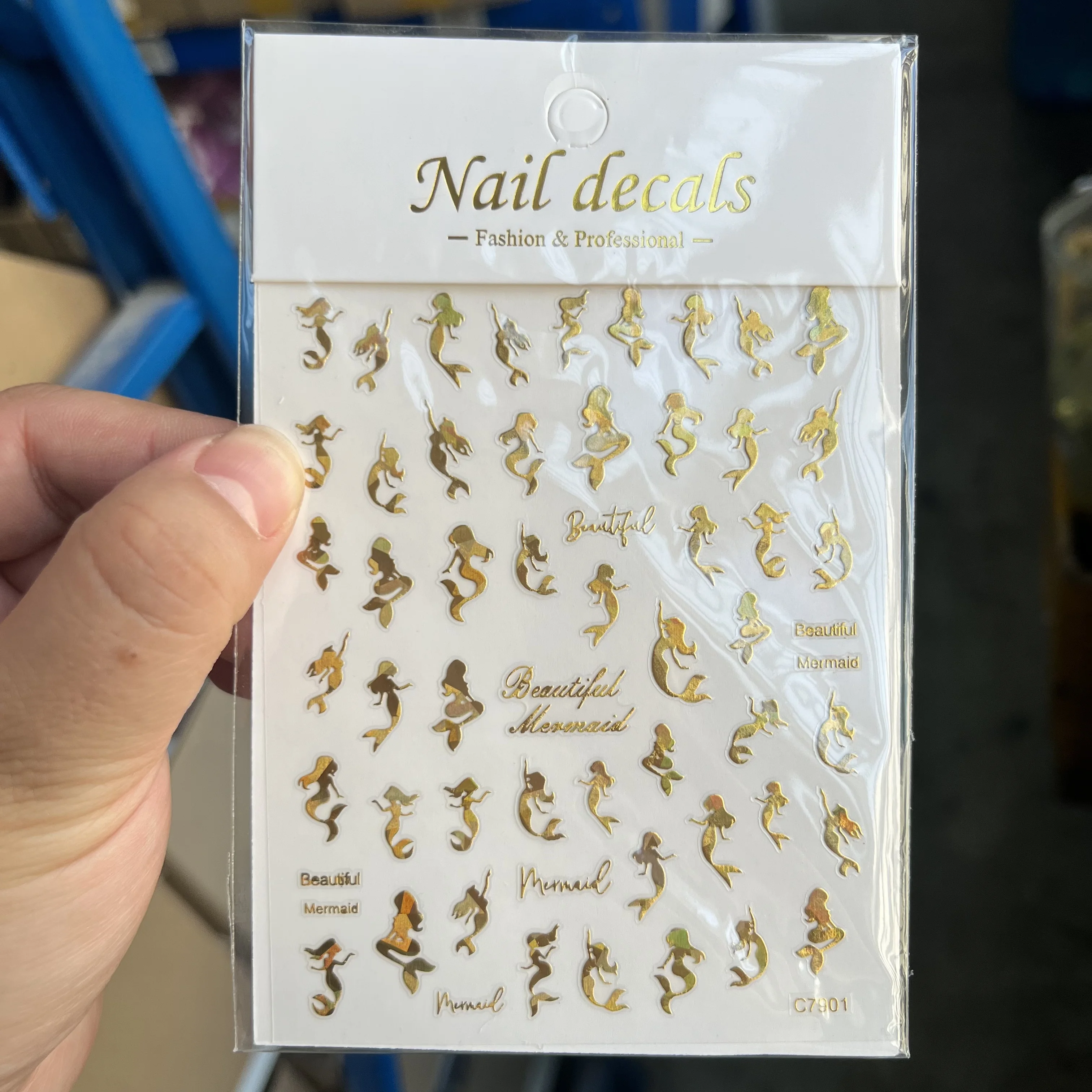 1Pc Summer Laser Silver Gold Mermaid Girl Marine Organism Ocean Sea Embossed Relief Nail Art Sticker Princess 3D Manicure Decals