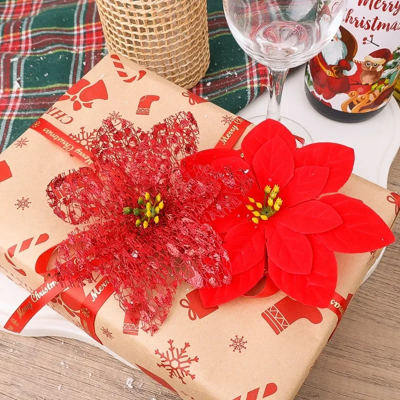 5/50PCS Glitter Christmas Artifical Flowers DIY Xmas Tree Garland Red Fake Flower Ornaments Wedding Party New Year Decoration