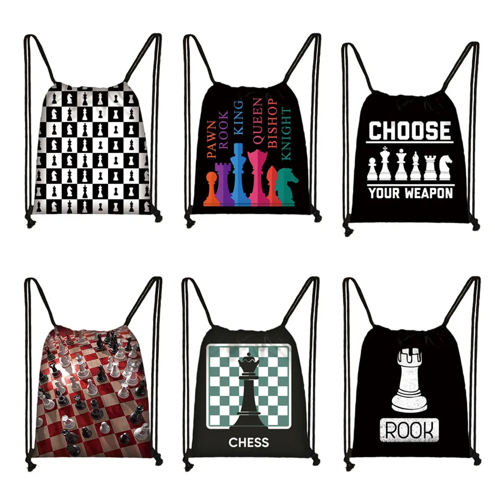 Chess Fans Backpack Women Men Drawstring Bags Pawn Rook King Queen Bishop Knight Shoulder Bag for Travel Bookbag Shoes Holder