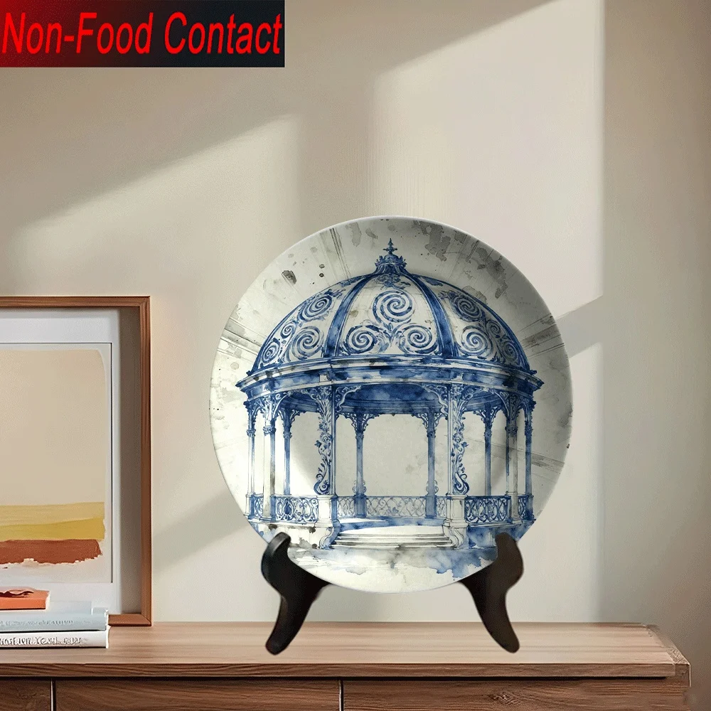 2D 1pc Ceramic Decorative Plate, Non-Consumable for Decorative Purposes Only, Blue and White Hand-Painted European-Style Gazebo