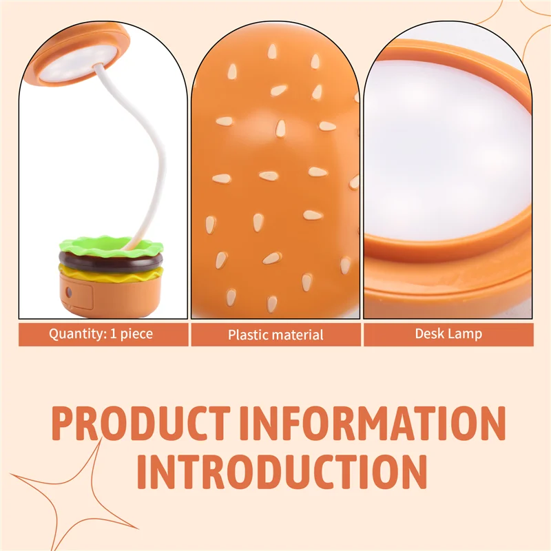 AK25-مصباح مكتبي لطيف للأطفال، مصباح مكتبي صغير همبرغر قابل لإعادة الشحن مع مفتاح لمس للرقبة قابل للتعديل مع مبراة قلم رصاص #2