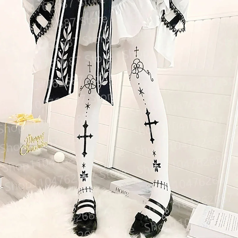 

Y2K white graffiti print Tights women slim fit long socks Harajuku knee high socks cosplay cute socks Kawaii Sexy accessories