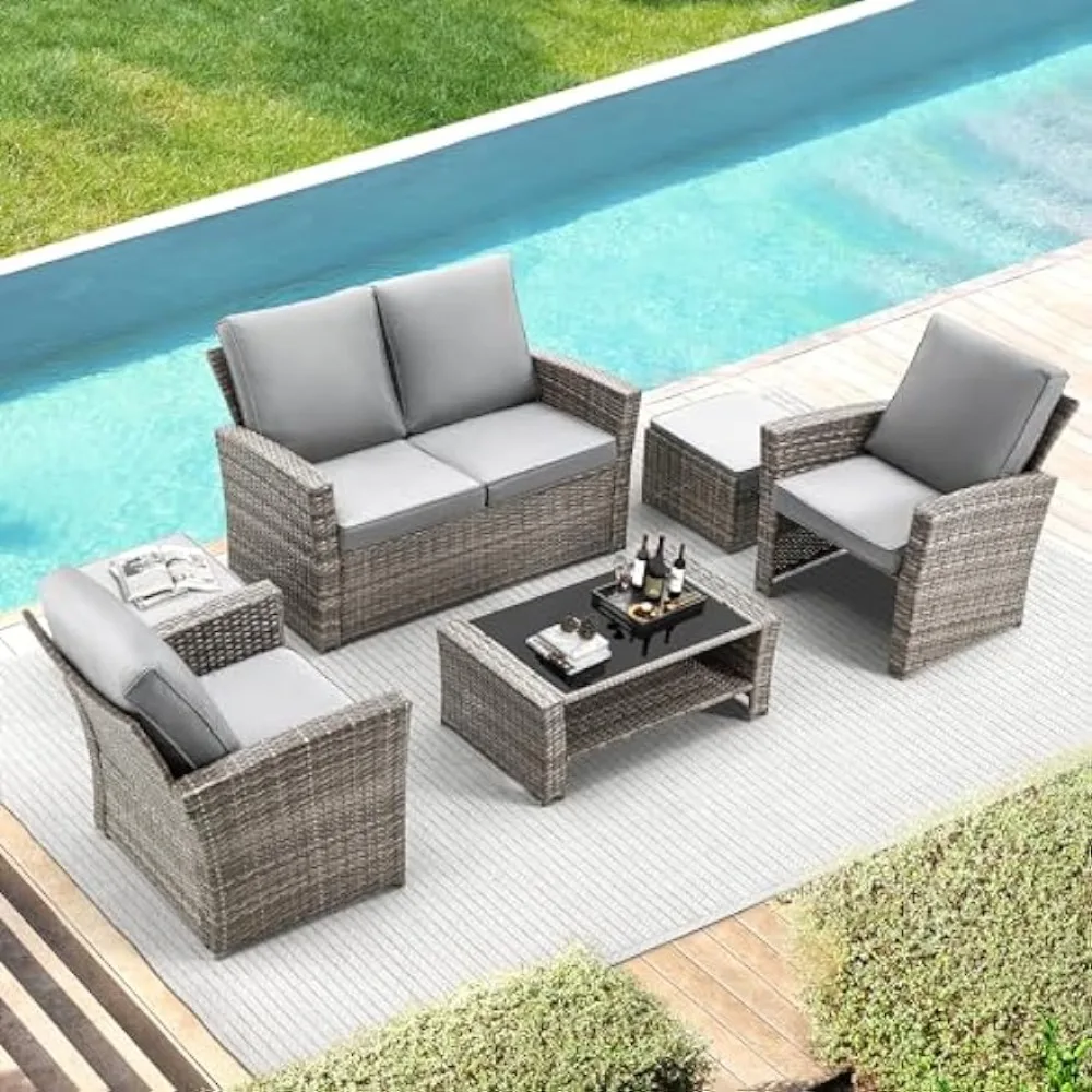 

Outdoor Table and Chairs Set,With Ottoman and Outdoor Storage Table for Garden, Porch, Backyard ,Outdoor Rattan Furniture Sets