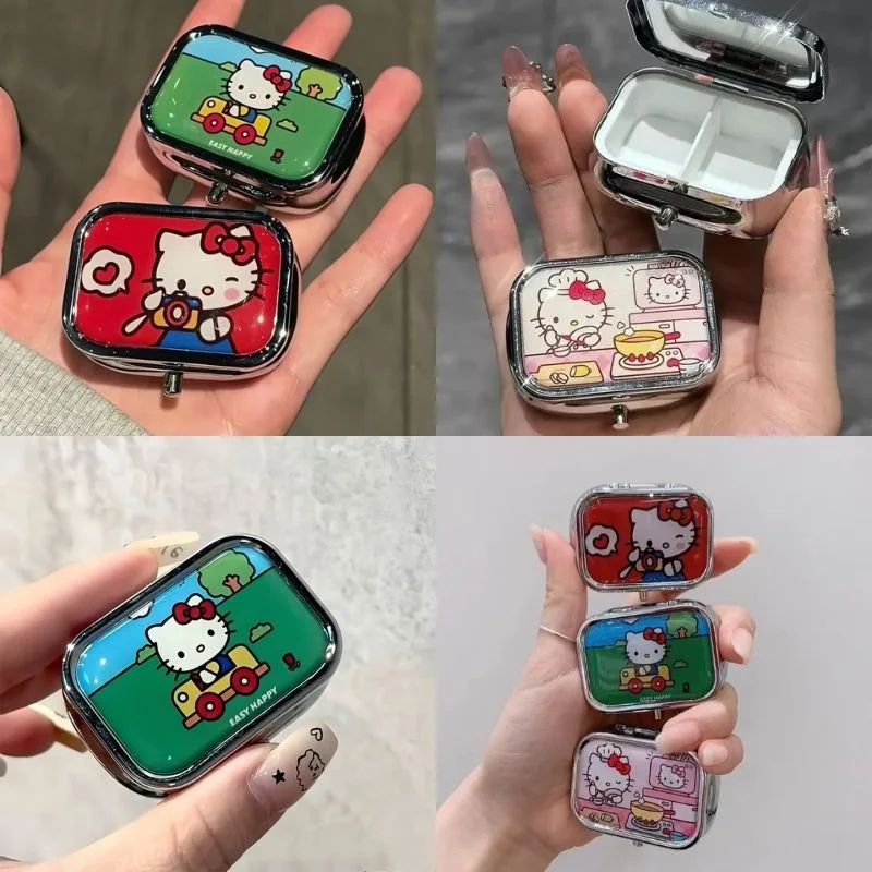 Sanrio Hello Kitty – boîte de rangement en métal, organisateur de pilules, compartimenté, mignon, dessin animé, mini boîte à bijoux, conteneur de bonbons, Kawaii
