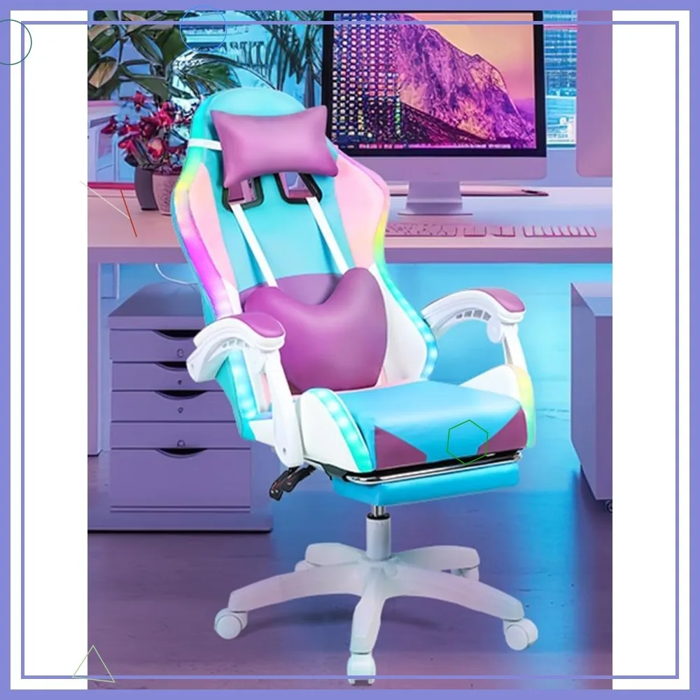 Ergonomic Gaming Chair with LED Lights, Massage & Footrest, Reclining Adjustable Lumbar Support Purple for Adults
