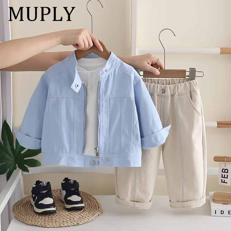 Baby Toddler 3Pcs Clothes Set Boys Girls Spring Cotton Stand Collar Zipper Jacket T‑shirt Pants Casual Kids Outfit