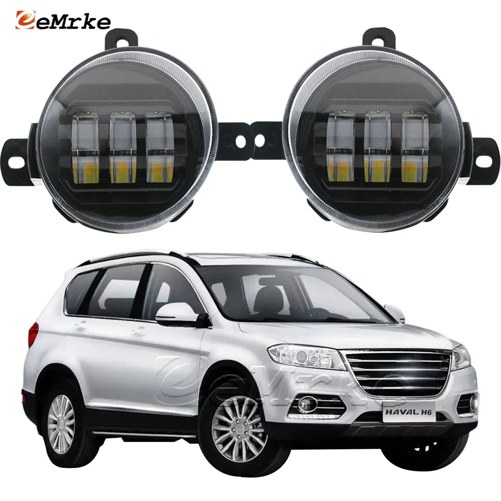 1-Set Led Car Fog Lamp Assembly for Haval H6 Red Logo H6 Sport 2014-2020 Front DRL Daytime Running Light w/ Lens White + Yellow