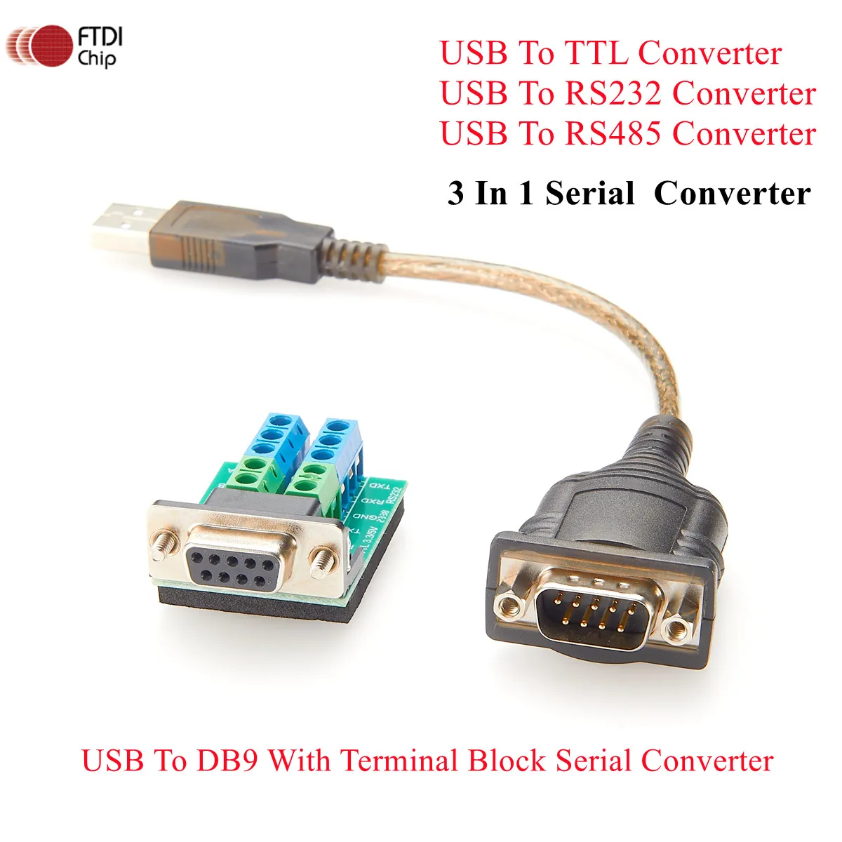 Konwerter USB na RS232 RS485 TTL 3 w 1 z kablem FTDI 3.3V 5V USB-A RS-232 RS-485 RS-422 Serial DB9 Connector ftdi usb rs232