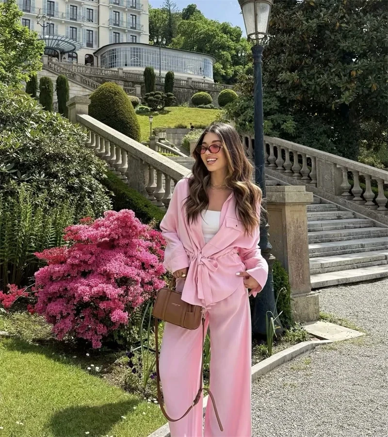 

Women's Pants Sets Fashion Solid Color Long Sleeve Shirts Loose Wide Legs Trousers Two Piece Set Casual Lady Commuting Clothing