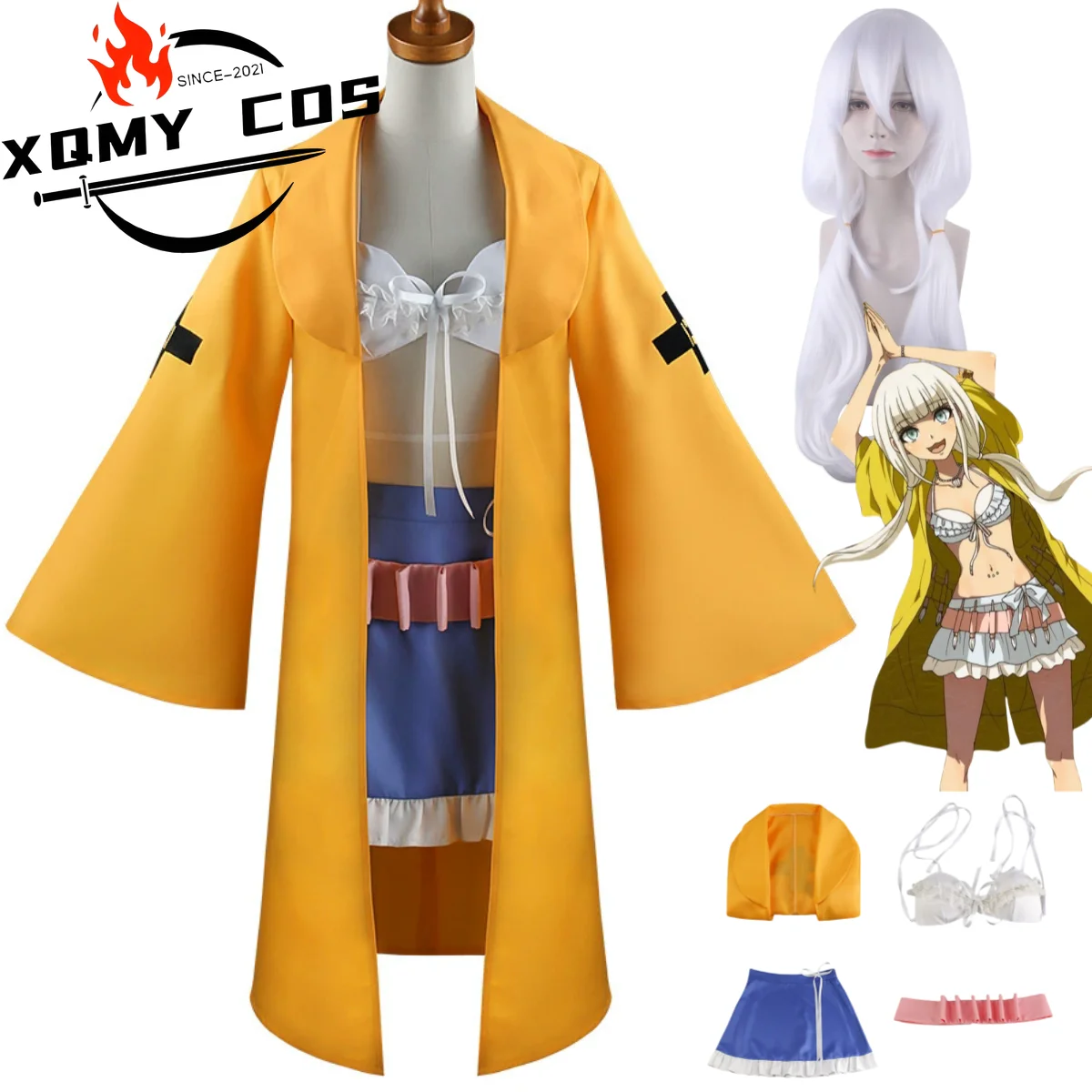 XqAnime juego Angie Yonaga disfraz de Cosplay abrigo amarillo capa traje de baño para el día de verano Bikini Ube Tops mujer Sexy traje de fiesta en la playa