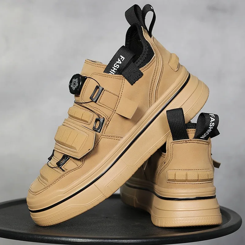 Lace-Free Rotary Buckle Platform Sneakers  Men  Adjustable Strap Thick Sole Casual Skate Shoes Non-slip Daily Walking Shoes