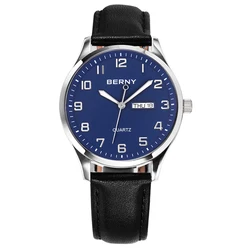 BERNY Men Quartz Watch Miyota 2105 Top Calendar Genuine Leather Classic 3ATM Waterproof Male Dress Business Wristwatch