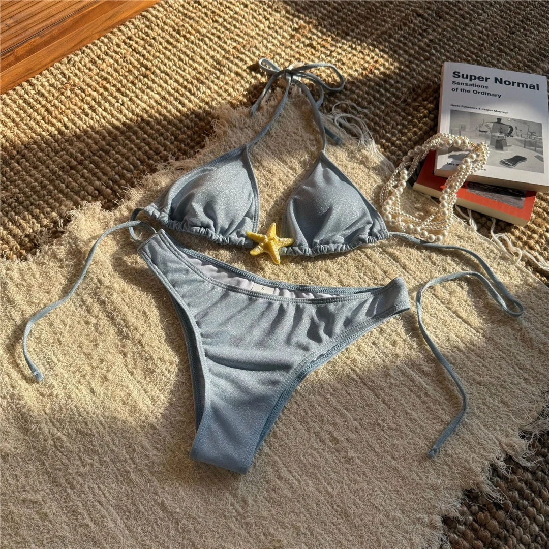 Glitzernder, funkelnder, halterneckiger brasilianischer Bikini, Damen-Badeanzug, zweiteiliger Bikini-Set, Badebekleidung, Badeanzug, Schwimmanzug V6350 – Detail 12