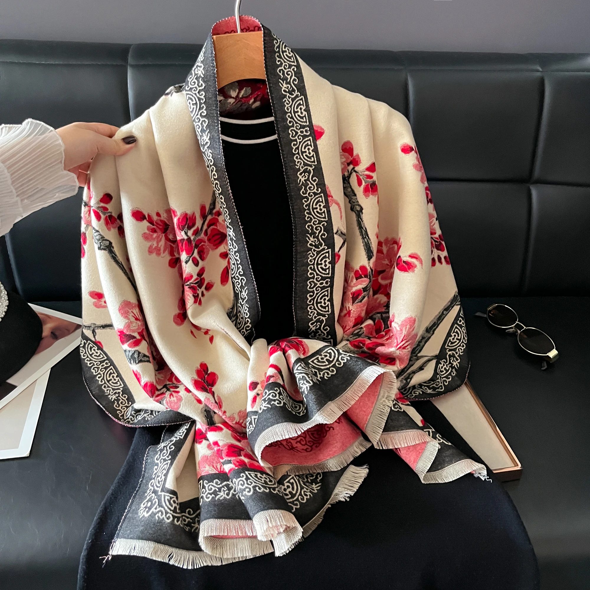 

Женский зимний модный шарф-шаль — искусственный кашемир, цветочный принт, плотная накидка в стиле пашмины и пончо Echarpe