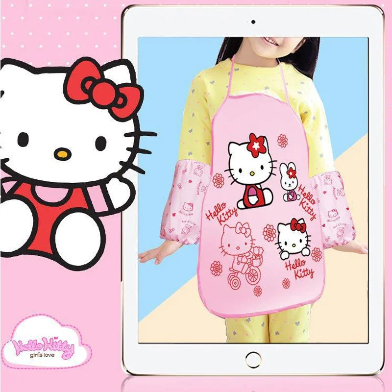 Hello Kitty Apron Set Kids Sleeveless Apron with Anti-dirty Sleeves Cartoon Children Water Proof Antifouling Housework Skirt