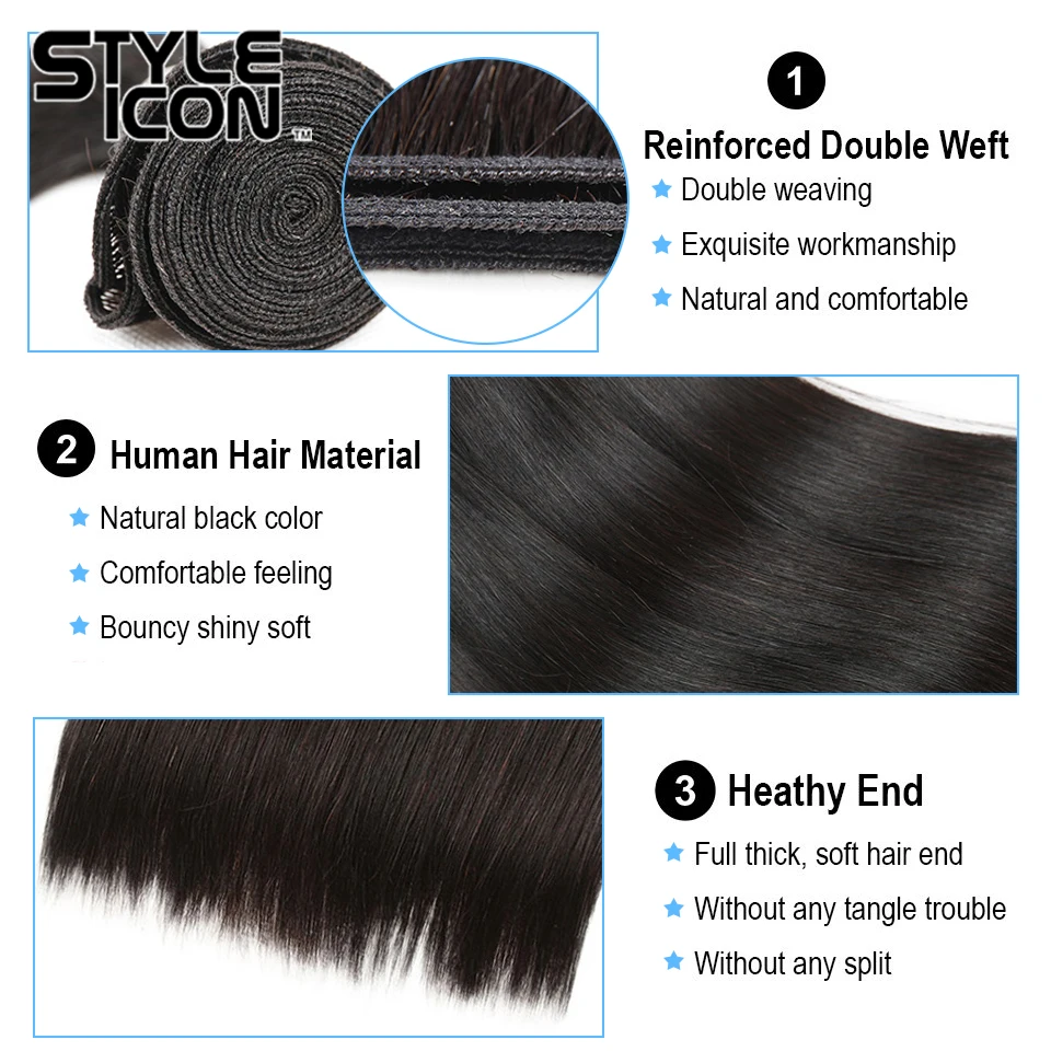 Styleicon Peruvian Straight Human Hair Bundles With Closure 3/4 Bundles Straight Hair Weave With Closure Long Hair Extensions