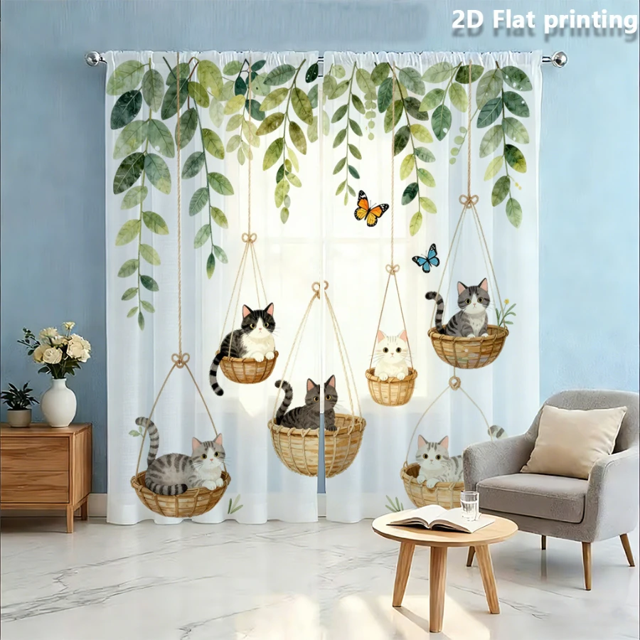 2PCS Digital Print Sheer Curtain, Hanging Basket Cat, Vintage Floral Window Curtains for Living Room Bedroom Home Decor
