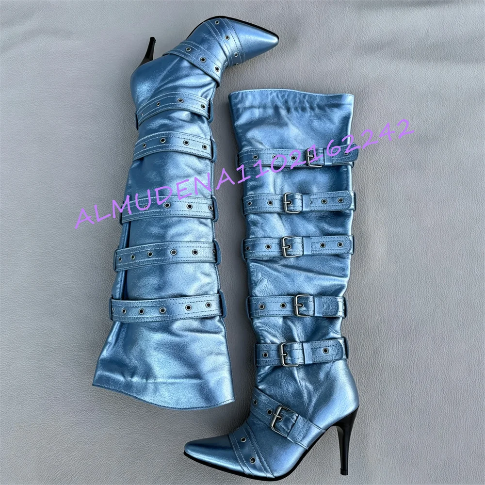 Women Knee High Boots Pointed Toe Stiletto Heel Metallic Blue Buckle Strap Eyelet Detail Side Zipper Statement Punk Party Boots