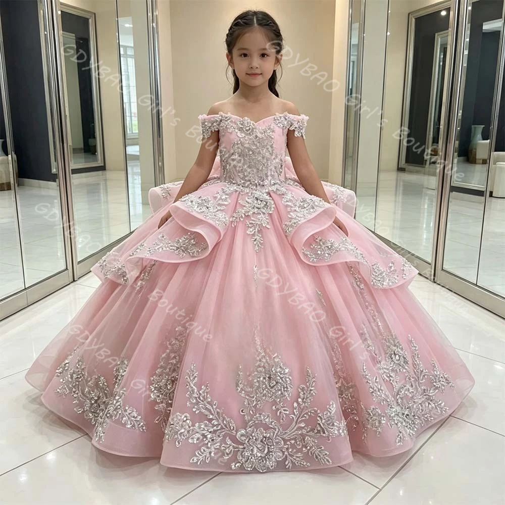 Off Shoulder Flower Girl Dress for Wedding Kids Glitter Sequined Appliques Tiered Tulle Princess Pageant Dress Custom Ball Gown